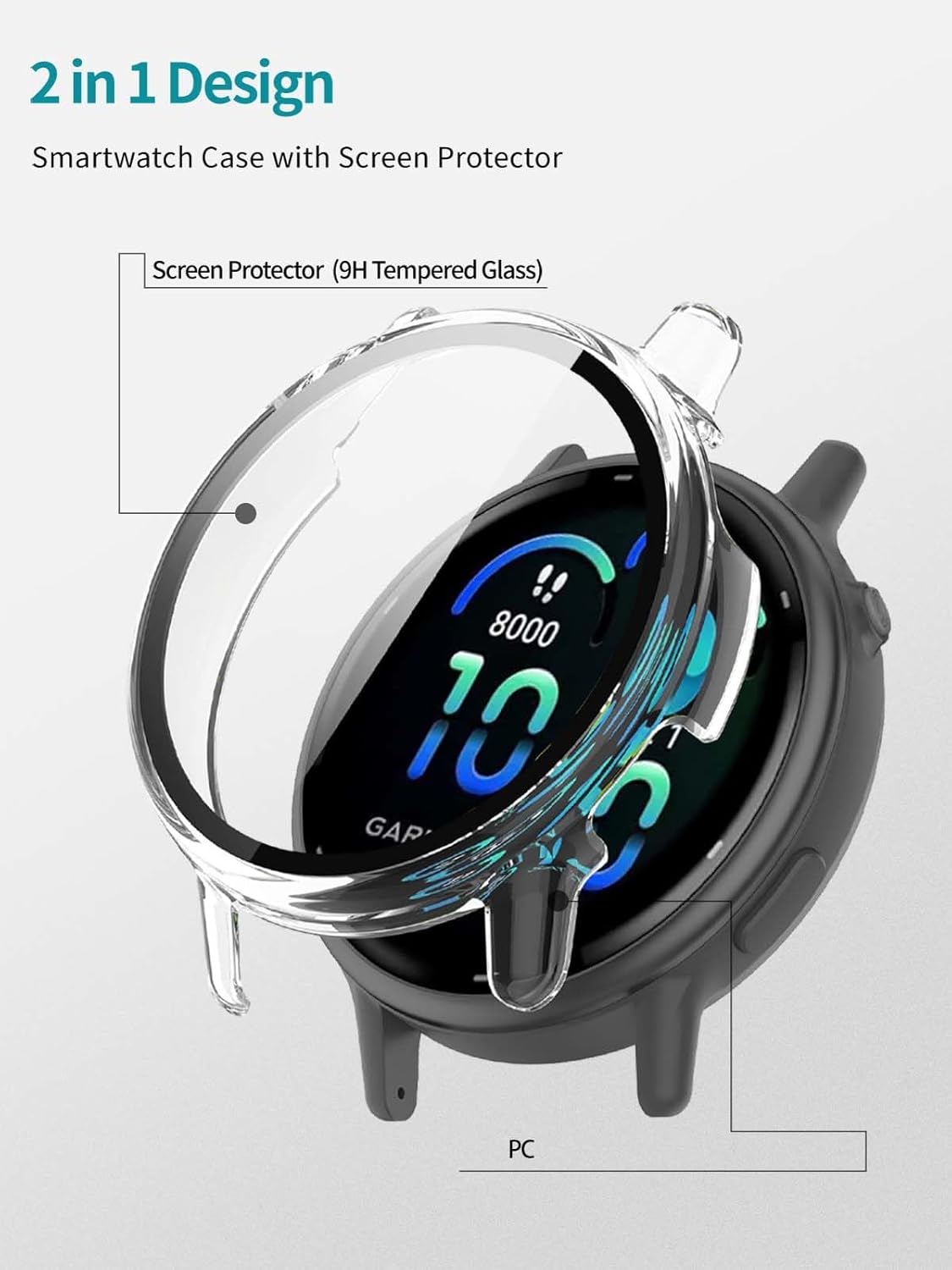 THRE【2 Pack 】For Garmin Vivoactive 6 Screen Protector Tempered Glass Case Cover