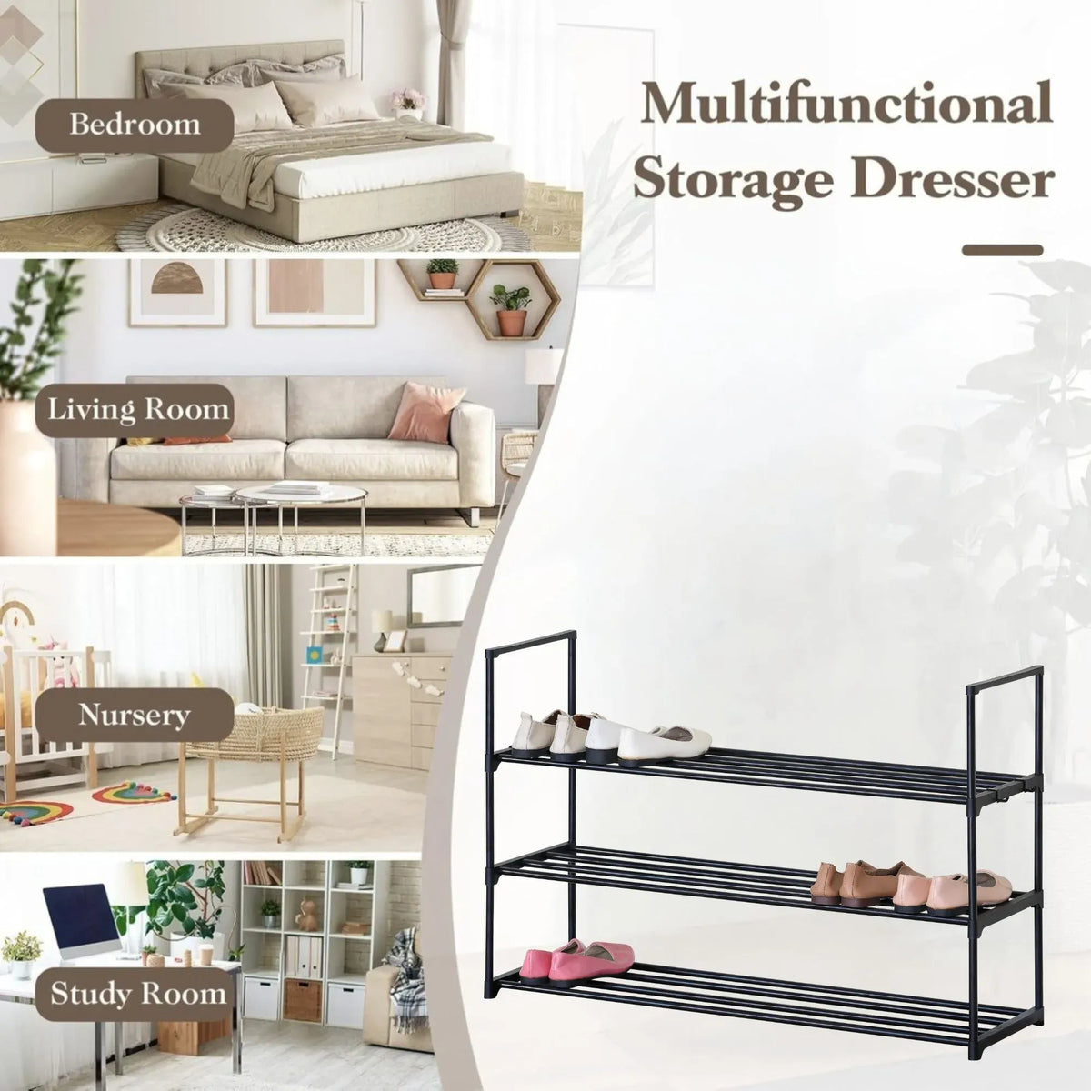 CARLA HOME 3 Tier Metal Shoe Rack - Free Standing Organiser - Black - Basic - Steel