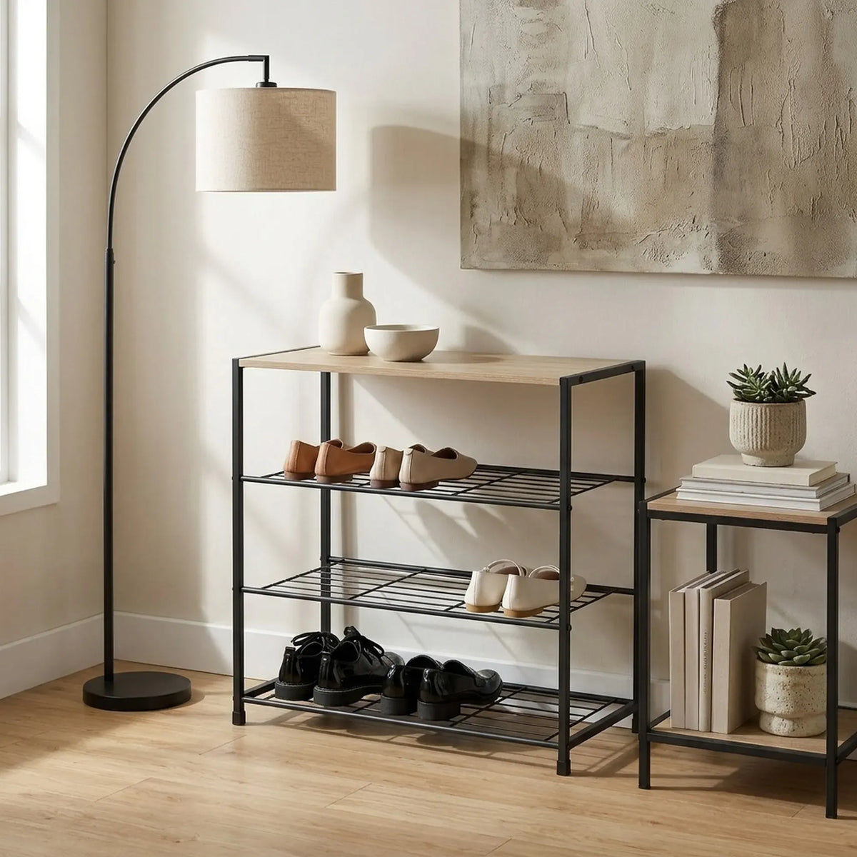 CARLA HOME 4 Tier Shoe Rack with Mdf Top Shelf - Metal - Brown - Rustic - Steel - Metal Mesh Shelves